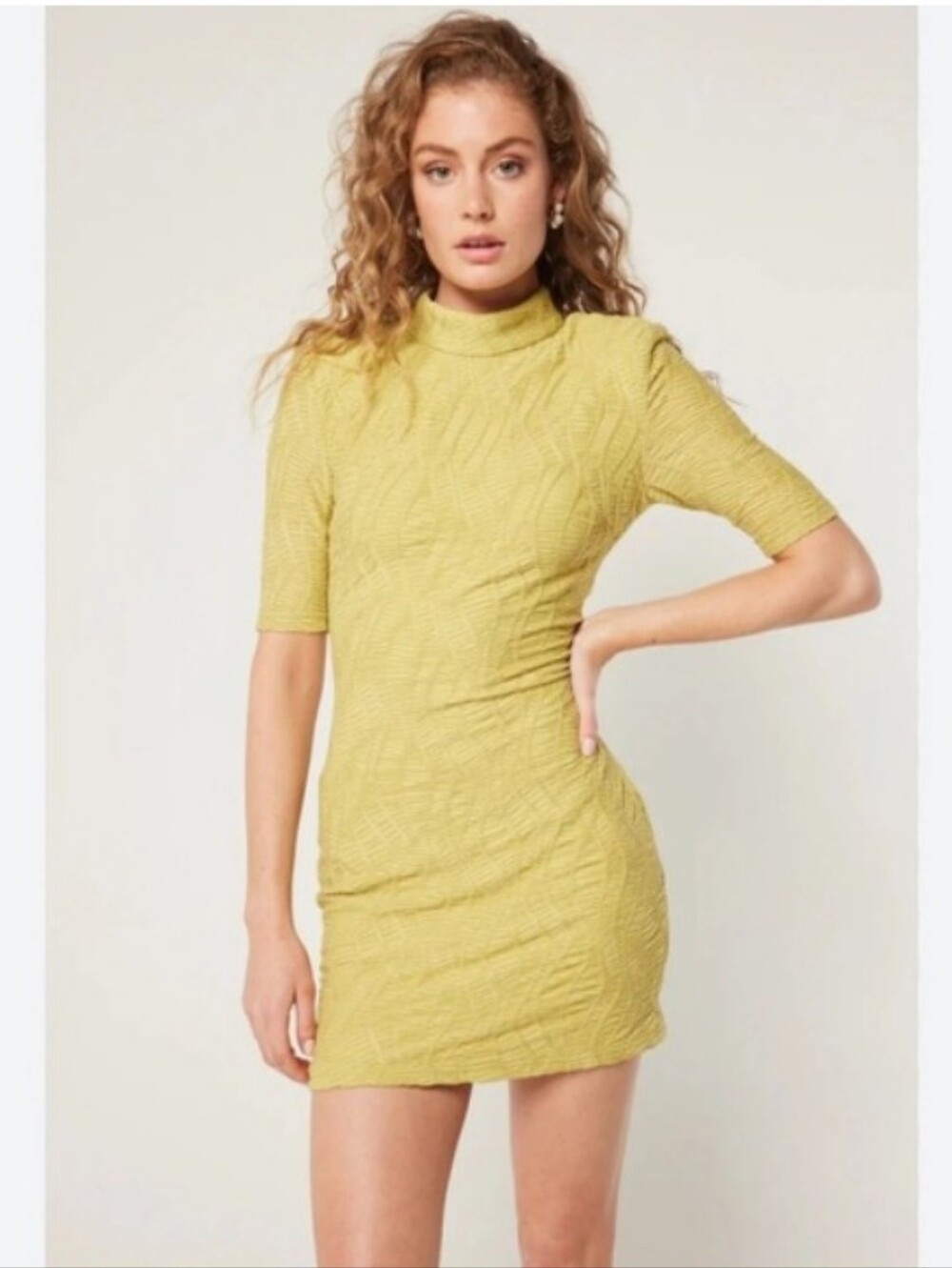 Elliatt Chartreuse Textured Mock-Neck Mini Dress Imaginative Dress